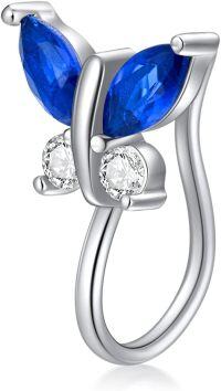 wholesale Sterling Silver Simulated Birthstone Butterfly Clip On Nose Cuff for Non Pierced Nose-Sapphire Blue