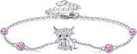 wholesale 925 Sterling Silver Birthstone Highland Cow Link Bracelet Western Jewelry Gift-10-Oct-Pink