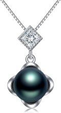 wholesale 925 Sterling Silver & 18K White Gold Plated Princess Cut Cubic Zirconia and Tahitian Black Pearl Pendant Necklace-0-0