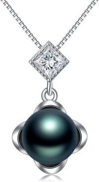 wholesale 925 Sterling Silver & 18K White Gold Plated Princess Cut Cubic Zirconia and Tahitian Black Pearl Pendant Necklace-Four Leaf Clover Celtic