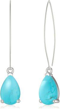 wholesale Sterling Silver Genuine Turquoise Dangling Long Earrings for Women-Teardrop-White Gold Plated