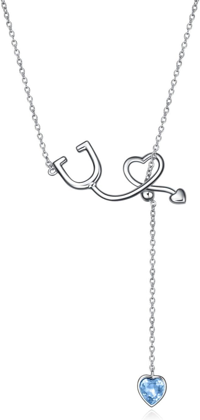 Sterling Silver Crystal Austria Stethoscope Lariat Necklace Nurse Gift 22 -03-Auqa Blue