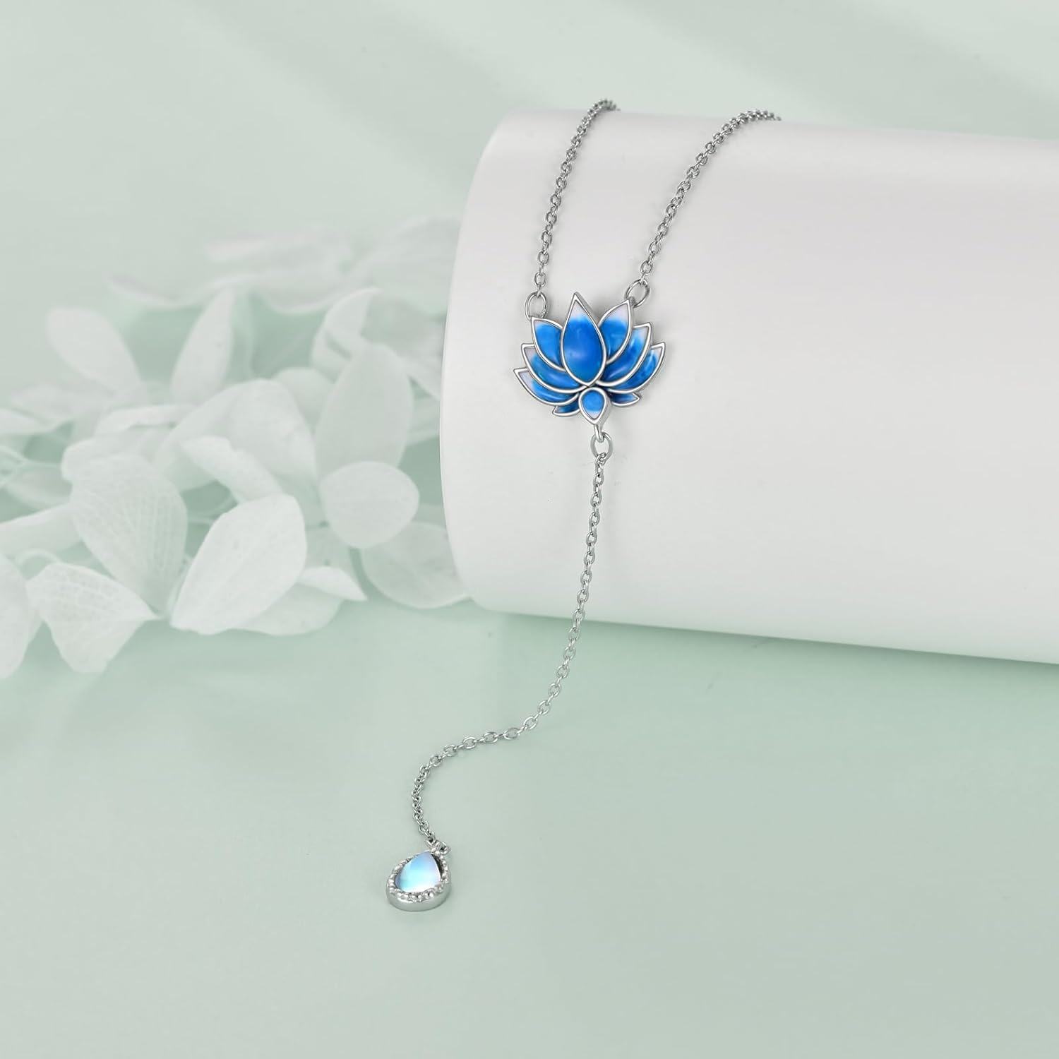 925 Sterling Silver Blue Moonstone Lotus Pendant Chain Necklace s for Her-0-2