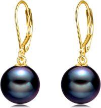 wholesale Sterling Silver Pearl Leverback Dangle Drop Earrings for Women-Black Pearl-Gold
