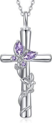 wholesale 925 Sterling Silver White Gold Plated Butterfly Cross Urn Necklace w Birthstone for Ashes Memorial Jewelry-Butterfly Cross Urn-Jun