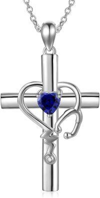 wholesale 925 Sterling Silver Metal Stone Stethoscope Cross Pendant Necklace for Nurse Doctor Graduation Gift-Sapphire blue