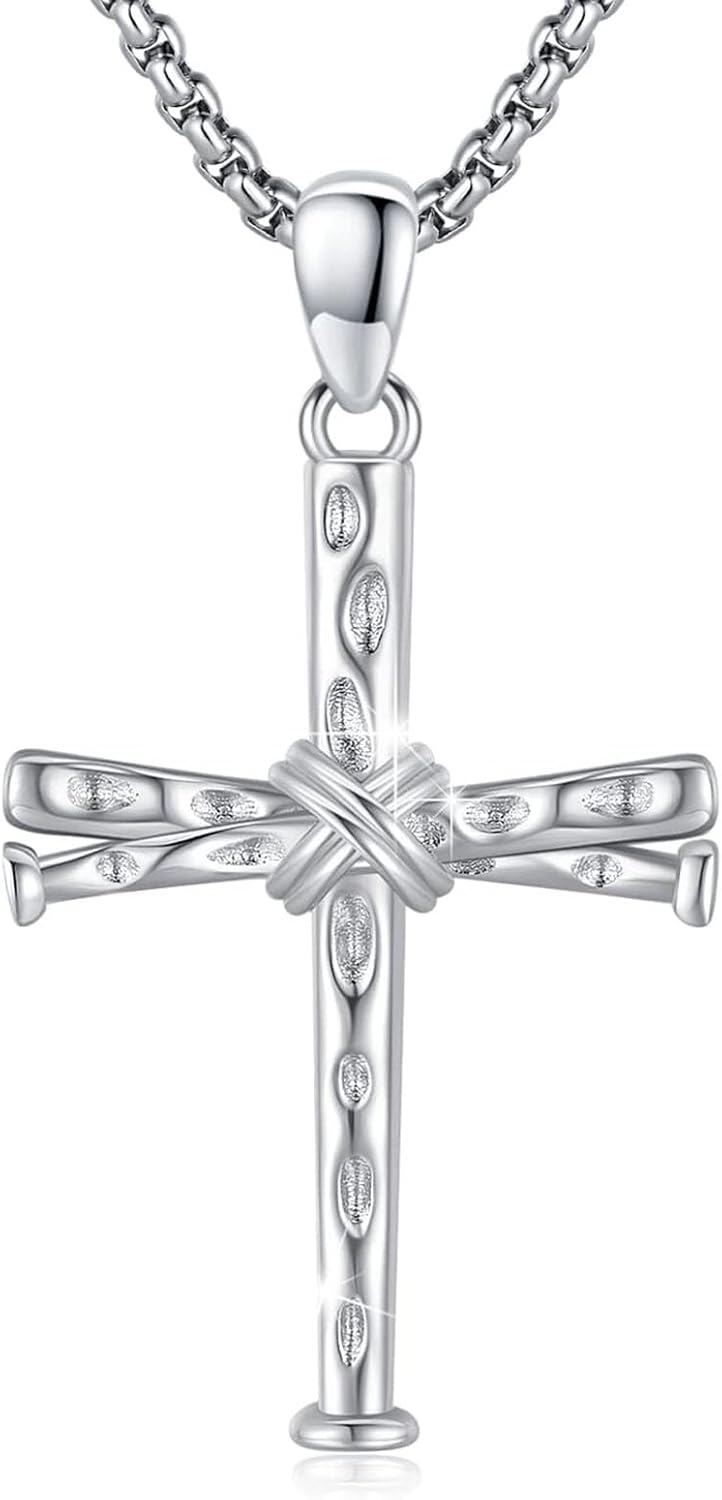 Sterling Silver Stainless Steel Men s Baseball Nail Cross Pendant Necklace 24 -White Gold
