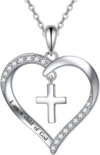 wholesale 925 Sterling Silver Heart with Cross and Cubic Zirconia Child of God Engraved Pendant Necklace for Girls' Baptism Gifts-Sterling Sliver