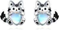 wholesale 925 Sterling Silver Heart-Shaped Moonstone Cat Stud Earrings for Women-Cat Earrings