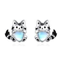 wholesale 925 Sterling Silver Heart-Shaped Moonstone Cat Stud Earrings for Women-Cat Earrings