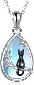 wholesale 925 Sterling Silver Teardrop Black Cat with Star and Branches on Blue Opalite Crescent Moon Pendant Necklace-0-0