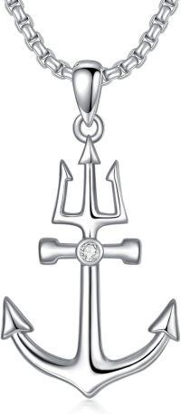 wholesale 925 Sterling Silver Anchor & Trident Pendant Necklace with Crystal Accents-Anchor Trident Necklace