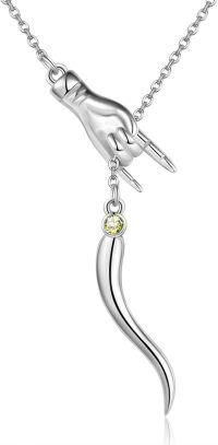 wholesale 925 Sterling Silver Birthstone Italian Horn Hand Necklace Cornicello Mano Cornuto Good Luck Amulet Pendant for Women-08-Aug-Created Peridot