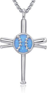 wholesale 925 Sterling Silver Blue Opal Baseball Bat Cross Pendant Necklaces for Men & Women-White