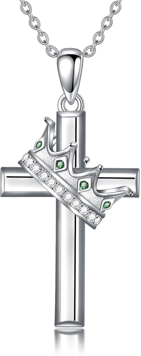 wholesale 925 Sterling Silver Birthstone Crown Cross Pendant Necklace for Women-05-May