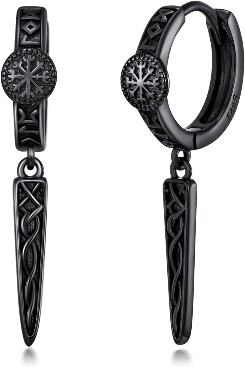 Sterling Silver Gothic Punk Black Viking Runes Wolf Head Valknut Drop Dangle Earrings-Viking Runes earrings