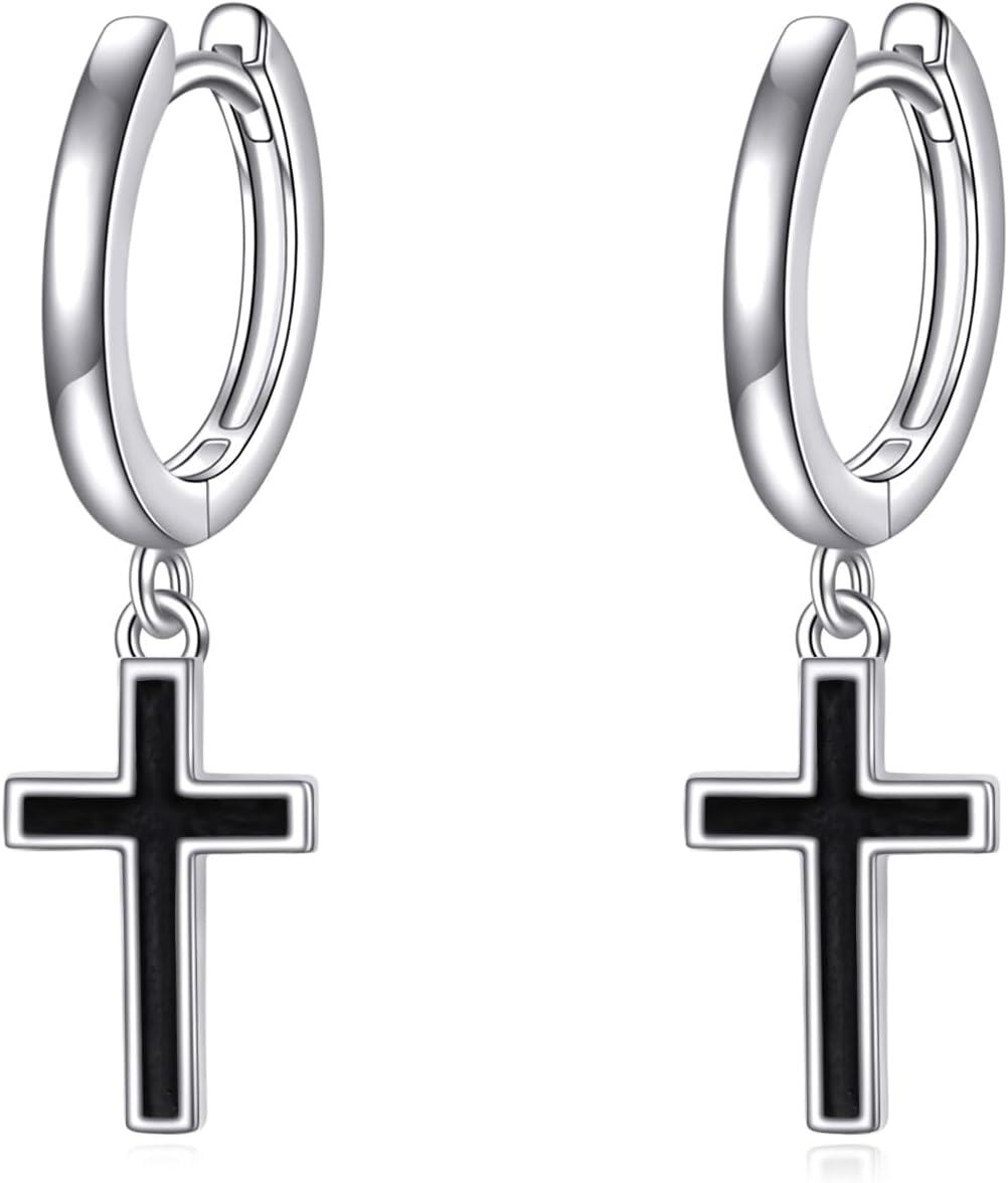Sterling Silver Dangle Drop Cross Hoop Huggie Earrings Jewelry Gifts for Women-Black Cross Hoop