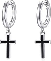 wholesale 925 Sterling Silver Black Cross/Hanging Hoop Earrings for Men Women-Black Cross Hoop