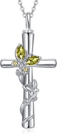 wholesale 925 Sterling Silver White Gold Plated Butterfly Cross Urn Necklace w Birthstone for Ashes Memorial Jewelry-Butterfly Cross Urn-Aug