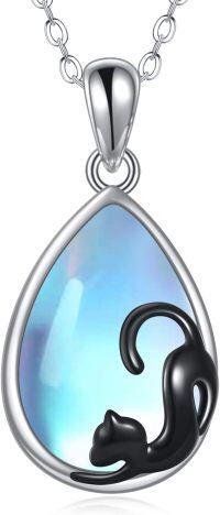 wholesale 925 Sterling Silver Teardrop Blue Opal Cat Pendant Necklace for Women Girls Gifts Jewelry 45cm Chain Length-Moonstone Cat Necklace
