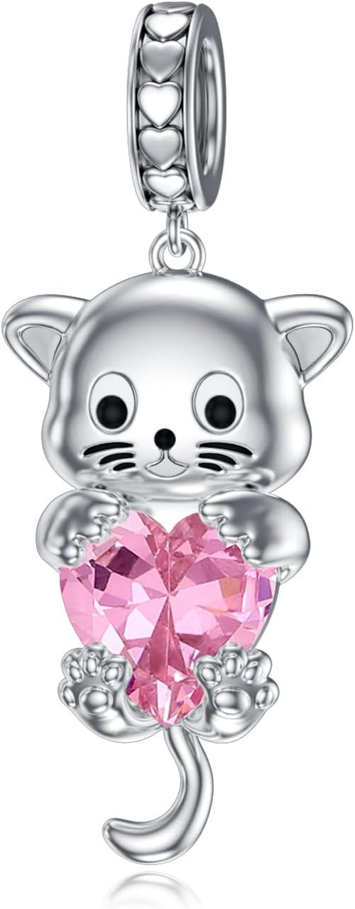 Silver Birthstone Cat Charm Bead Gift for Women-Pink Tourmaline