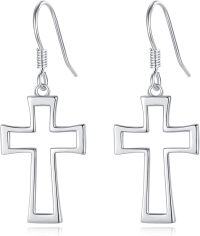 wholesale 925 Sterling Silver Hypoallergenic Long Cross Dangle Earrings for Women - Christian Religious -silver
