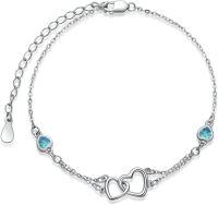 wholesale Sterling Silver Cubic Zirconia Double Heart Chain Jewelry for Women-Anklet 9''-11''-12 Dec - Blue Zircon-White Gold