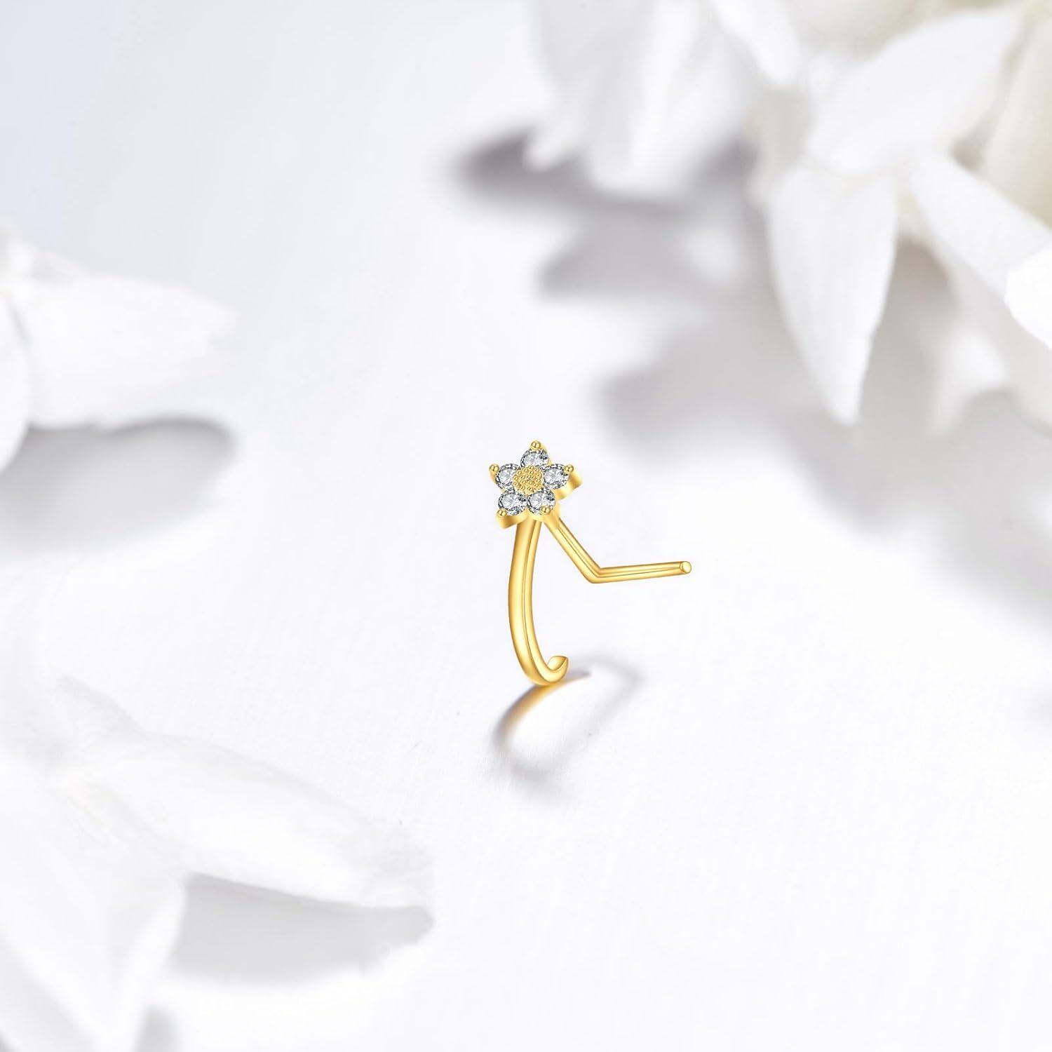 14K Gold Stone Daisy Butterfly Nose Ring Stud 20G Women s Jewelry Gift-0-3