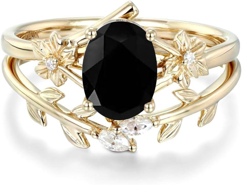 14K Solid Gold Oval Gemstone Vintage Vine Bridal Ring Set-Emerald-Black Onyx-Emerald-Pink Tourmaline-Pink Tourmaline-Black Onyx