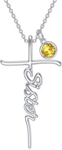 wholesale 925 Sterling Silver Birthstone Cross Sister Initial Pendant Necklace-11-November