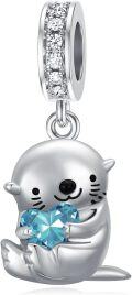 wholesale  925 Sterling Silver Aquamarine Otter Charm Bead for Bracelet, 11.2x15mm, Zircon Embellished, March Birthstone Gift for Women-0-0