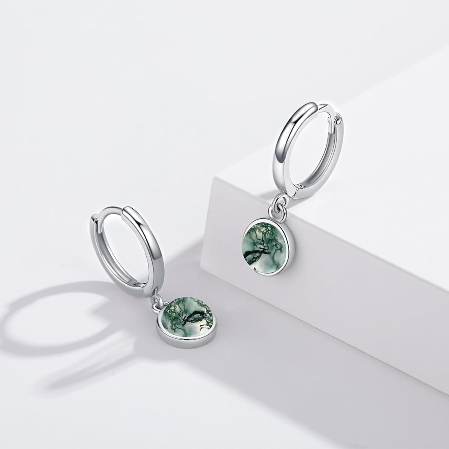 925 Sterling Silver Green Moss Agate Huggie Hoop Earrings with Round Drops-0-1