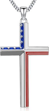 wholesale 925 Sterling Silver American Flag Cross Pendant with 3MM Cuban Link Chain - USA Jewelry for Men/Women (Length: 24)-A-Flag Cross-Silver