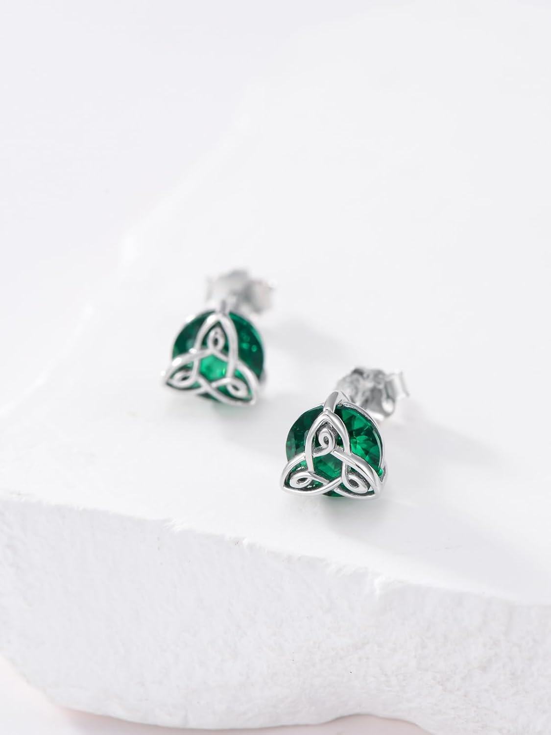 wholesale 925 Sterling Silver Celtic Knot Stud Earrings with Green Birthstone for Women-0-4