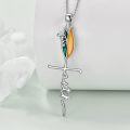 wholesale 925 Sterling Silver Cross with Flower Pendant Necklaces for Women - Green and Orange Enamel -0-3