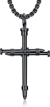 wholesale Sterling Silver Stainless Steel Men s Cross Necklace 22 +2 Chain Gift-01-Nail Cross Black