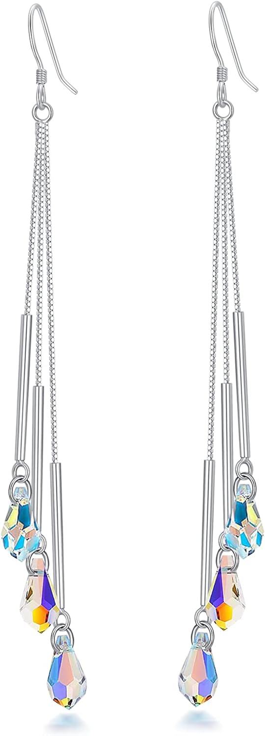Sterling Silver Austrian Crystals Aurora Borealis Teardrop Dangle Earrings-0-0