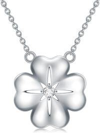 wholesale 925 Sterling Silver Turquoise & Cubic Zirconia Lucky Four-Leaf Clover Pendant Necklace-01-White-Diamond