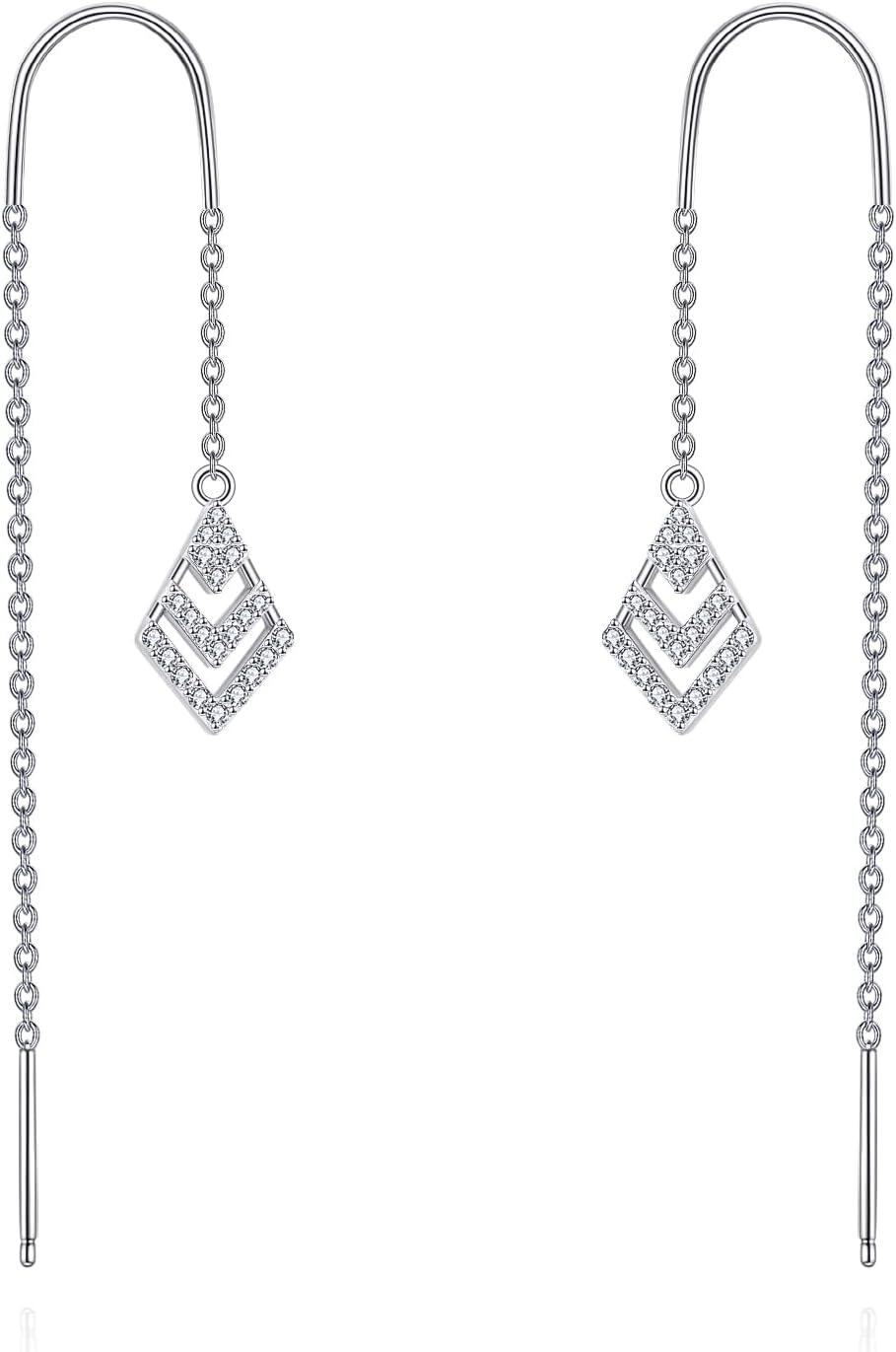 925 Sterling Silver Geometric Cubic Zirconia Shape Threader Dangle Drop Earrings with Cubic Zirconia Stones for Women-0-0