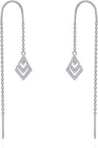 wholesale 925 Sterling Silver Geometric Cubic Zirconia Shape Threader Dangle Drop Earrings with Cubic Zirconia Stones for Women-Rhombus