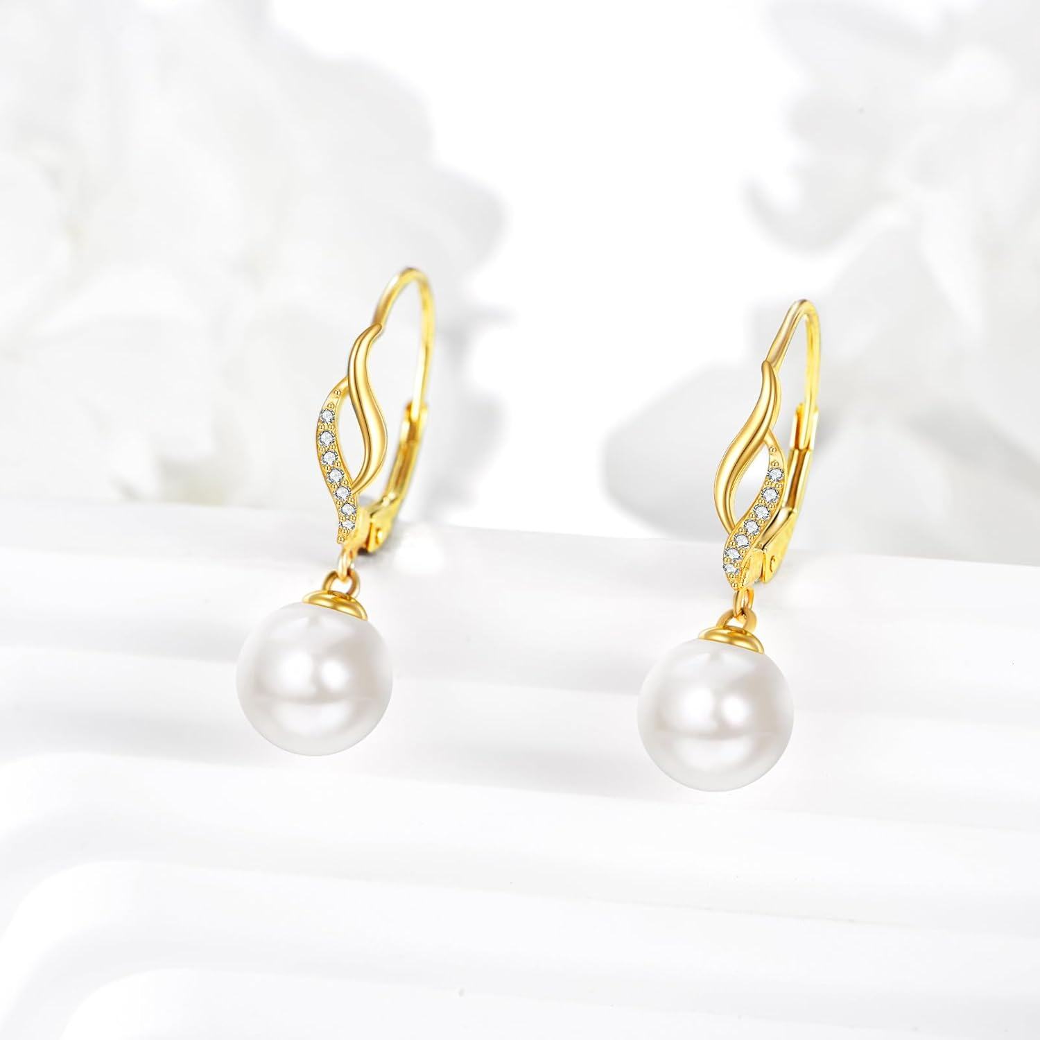 14K Gold Pearl Leverback Drop Earrings for Women Bridesmaid Gifts-0-1