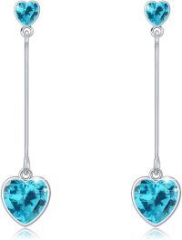 wholesale 925 Sterling Silver Moonstone Turquoise Cubic Zirconia Birthstone Heart Drop Dangle Earrings-March Blue