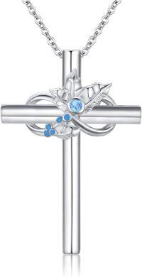 wholesale 925 Sterling Silver Blue Topaz Birthstone Cross Pendant Necklaces for Women Girls Birthday Gifts Jewelry Accessories 43mm x 68mm-December Birthday Flower-Holly