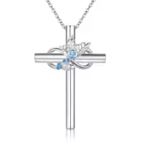 wholesale 925 Sterling Silver Blue Topaz Birthstone Cross Pendant Necklaces Wholesale for Women Girls Birthday Gifts Jewelry Accessories 43mm x 68mm-December Birthday Flower-Holly