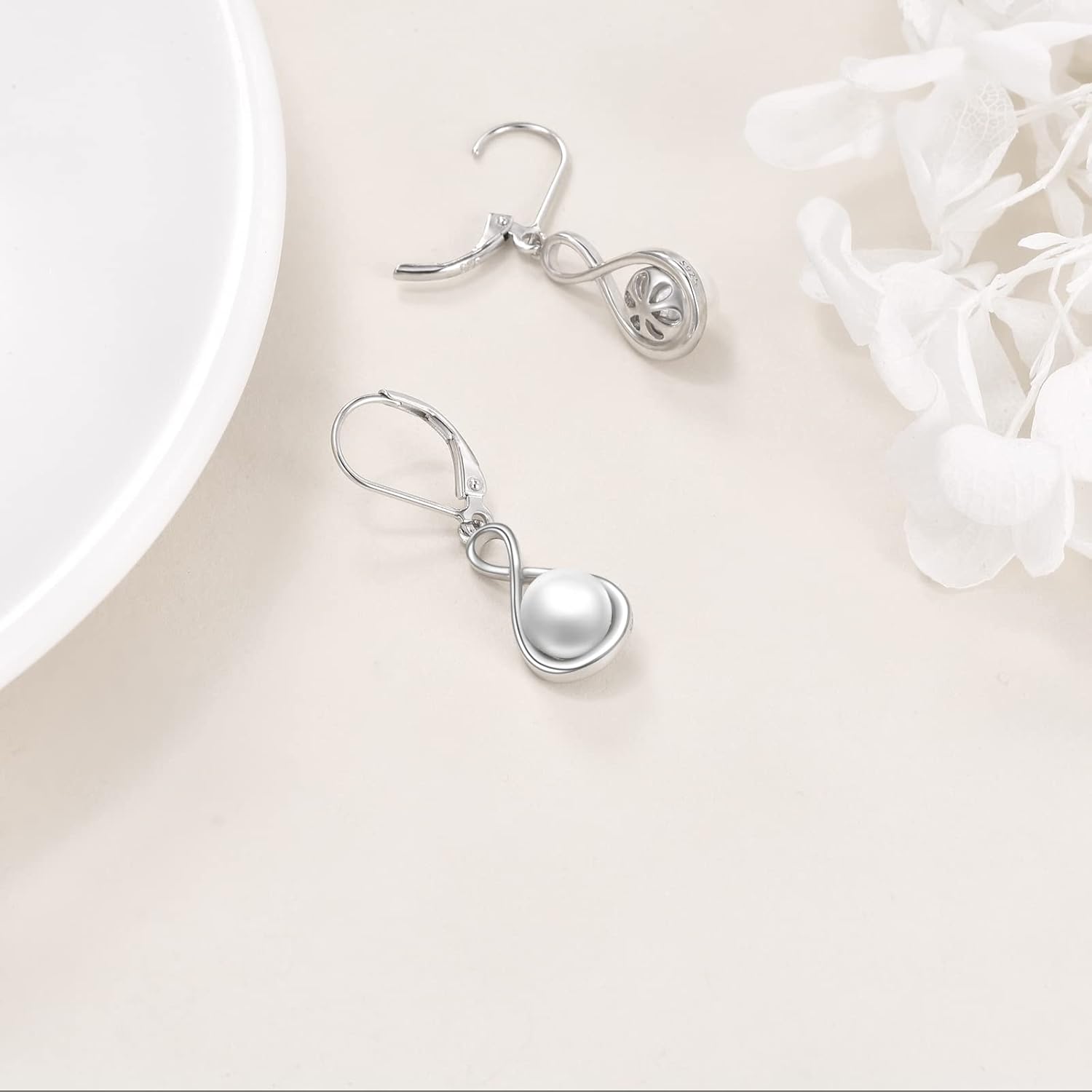 wholesale 925 Sterling Silver Infinity Pearl Leverback Earrings-0-3