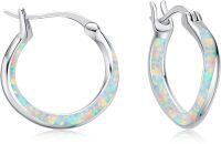 wholesale Sterling Silver Opal Hoop Earrings for Women Blue White Black Green Pink Orange Hypoallergenic Huggie Cartilage Mother s Day Jewelry-White Opal