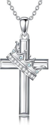 wholesale 925 Sterling Silver Birthstone Crown Cross Pendant Necklace for Women-03-March
