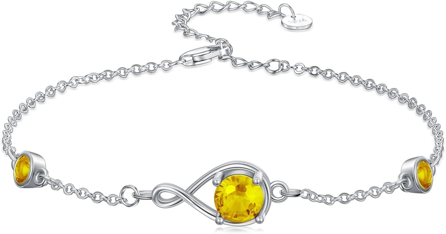  Sterling Silver Infinity Birthstone Link Bracelet for Women Adjustable 7 +2 Chain Gift -11-Nov-Citrine