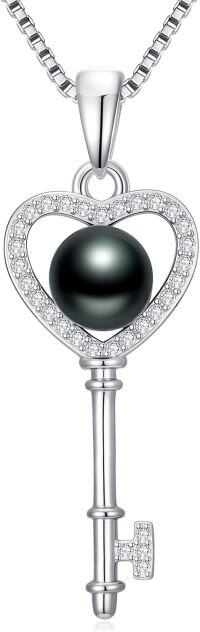 wholesale Tahitian Love Heart Key Black Pearl Necklace For Women Sterling Silver Black Pearls Necklace Gifts For Sister Birthday Anniversary Jewelry Valentine Christmas Gifts For Women Wife Her -undefined