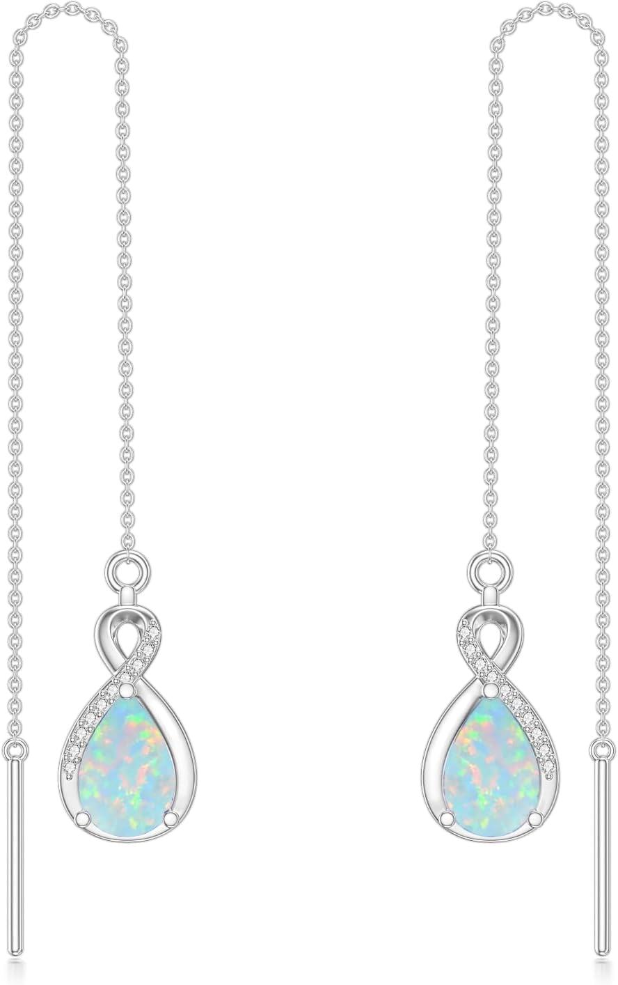 Sterling Silver 12 Birthstone Infinity Threader Drop Earrings for Women-10-October-White Opal